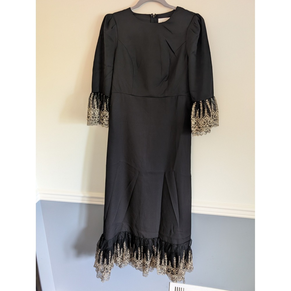 Pomander Place Black lillith Dress Gold Lace Trim Midi Dress NWT LBD Size Small